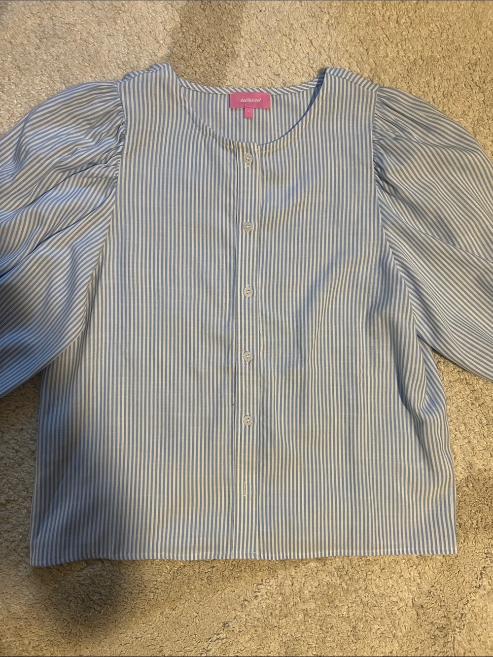 Edikted Blue and White Striped Puff Sleeve Button-Front Blouse